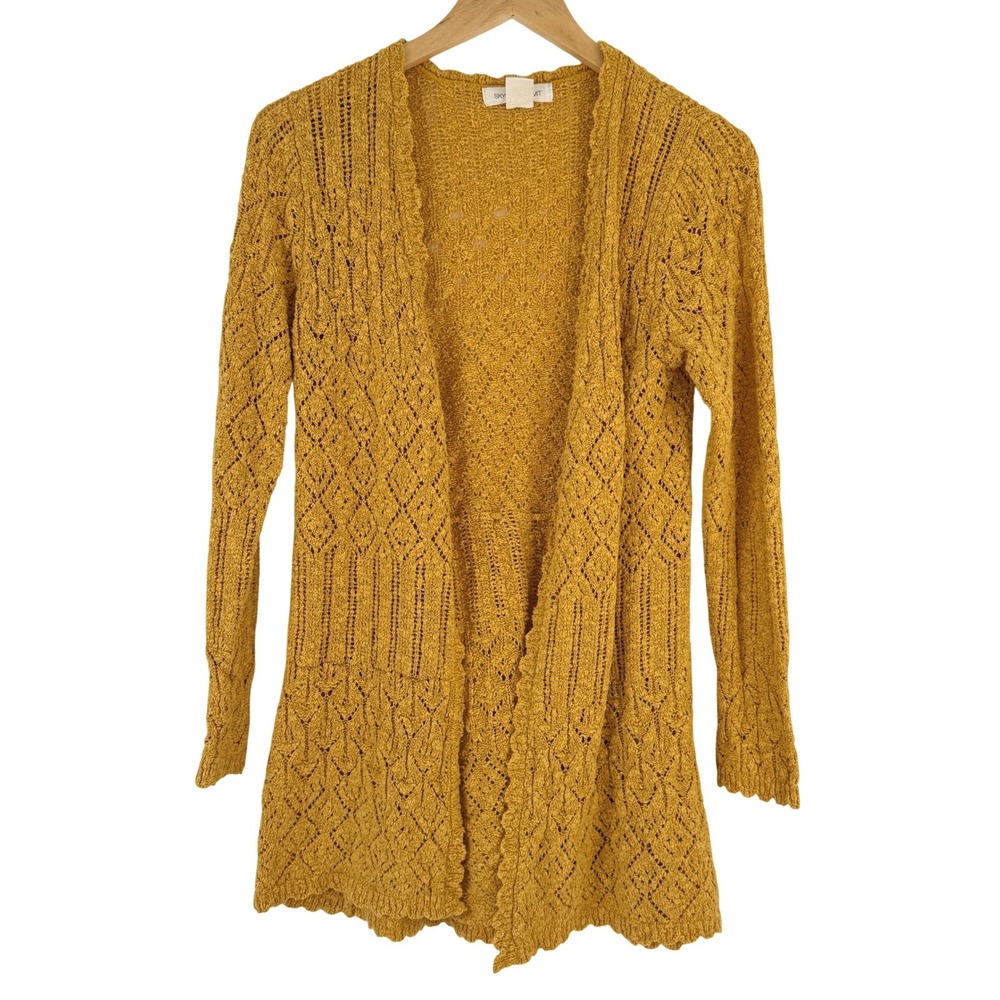 Skye's The Limit Mustard Yellow‎ Crochet Knit Long Open Front Cardigan Sweater S
